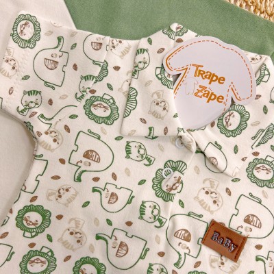Conj. de Malha 3 peças - Leão Juba Colorida e Safari - Verde e Off White